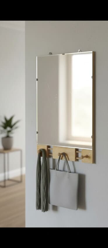 комур рядом: ЗЕРКАЛО навесное,размер 45 на 35 см. с крючками, на деревянной рамке — 1