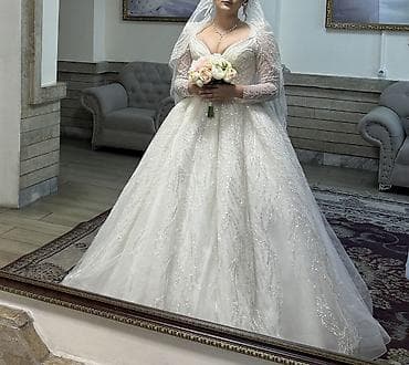 дождевик на электровелосипед: Свадебное платье, One size, V-образный вырез декольте, Фатин, А-силуэт, Кыргызстан, Пайетки, Новый — 4