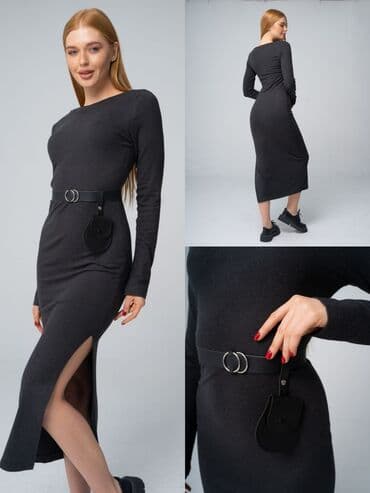 теплые платья для полных: Повседневное платье, Made in KG, Осень-весна, Длинная модель, Кашемир, Лапша, 2XL, XL — 1