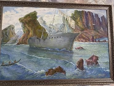 Упаковочные товары: Картина «Корабль у скал» в раме - Жанр: морской пейзаж с элементами — 1