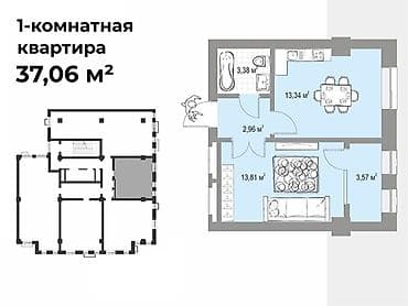 нова гранд бишкек: 1 комната, 37 м², Элитка, 11 этаж, Готовая ПСО (под самоотделку) — 1