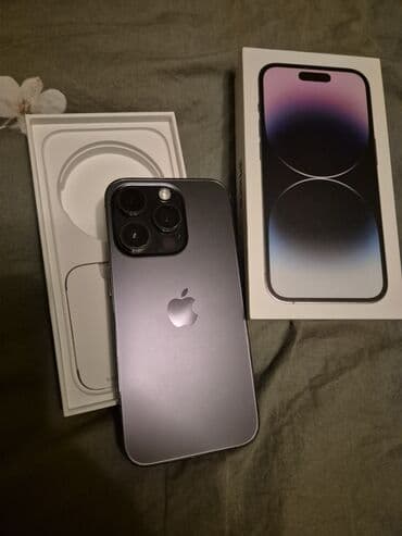 про 14: IPhone 14 Pro, Б/у, 256 ГБ, Deep Purple, Чехол, Кабель, Коробка, 85 % — 2