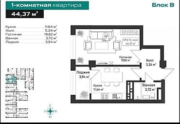 kant flat: 1 комната, 45 м², Элитка, 7 этаж, Готовая ПСО (под самоотделку) — 1