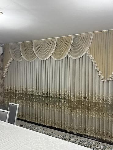 шторы и ламбрекены: Комплект штор, С ламбрекеном, Готовое изделие, Б/у, Для зала — 1
