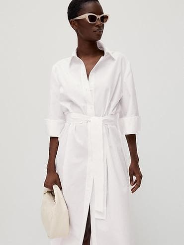 льняной сарафан: MassimoDutti, M, 100% лен, Платье-рубашка белого цвета с поясом - — 3