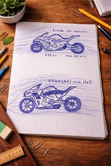 Ручные эскизы спортбайков на клетчатой бумаге (шариковая ручка)