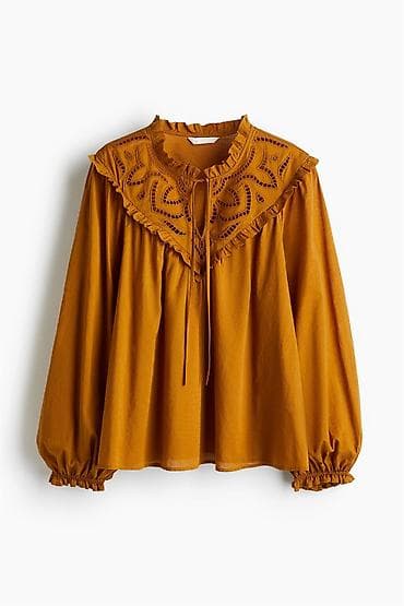 стильные белые блузки: Блузка H&M горчичного цвета с вышивкой, длинным рукавом и — 1