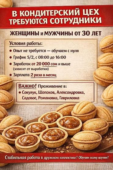 улица айни: Требуется Кондитер, Оплата: Дважды в месяц, Без опыта — 1
