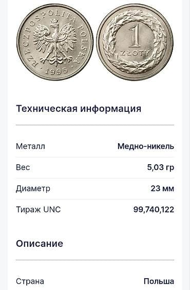 Польская монета 1 злотый, 1995 год. Характеристики: - Страна: Польша — 1