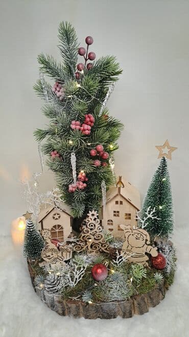 камин декор: Новогодняя декоративная композиция «Зимняя деревушка» на спиле дерева — 9