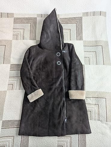 Дубленка, Классическая модель, По колено, С капюшоном, 4XL