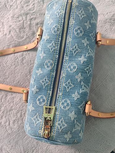 женские туфли для танцев: Сумка-бочонок из денима с монограммным жаккардовым узором в голубом — 1