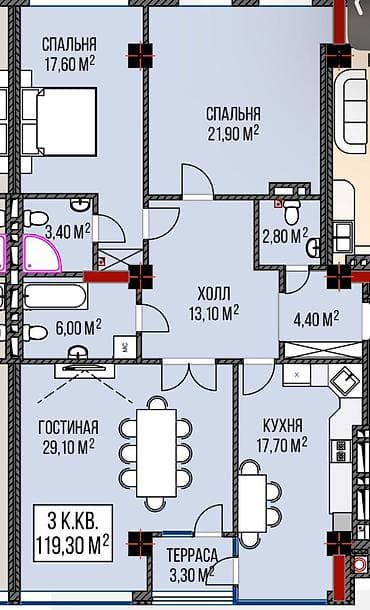 pro group: 3 комнаты, 119 м², АУЦА Элитка, 2 этаж, ПСО (под самоотделку) — 3
