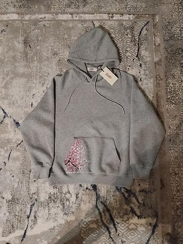 nike tech flece: Худи серого цвета с вышивкой сакуры - Модель: худи с капюшоном и — 1