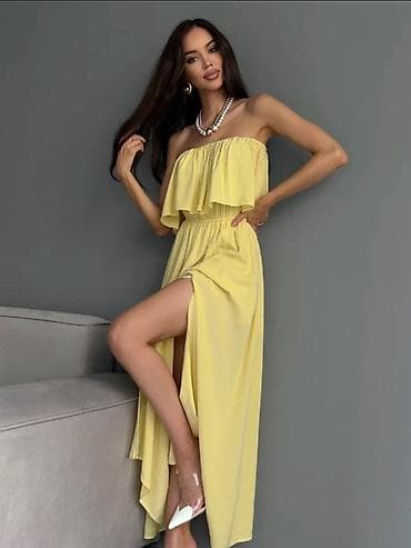 открытые плечи: Элегантное желтое макси-платье с открытыми плечами, идеально — 3