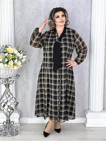Платье миди в клетку для женщин plus size - Свободный А‑силуэт, длина — 2