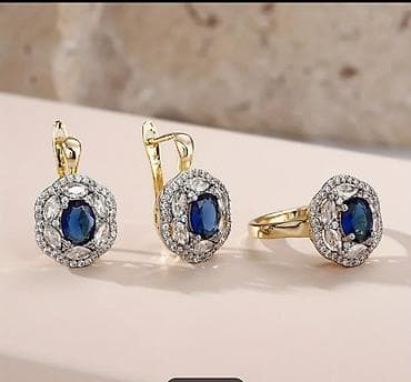 Бижутерия: Комплект ювелирных украшений: серьги + кольцо с синим центральным — 4