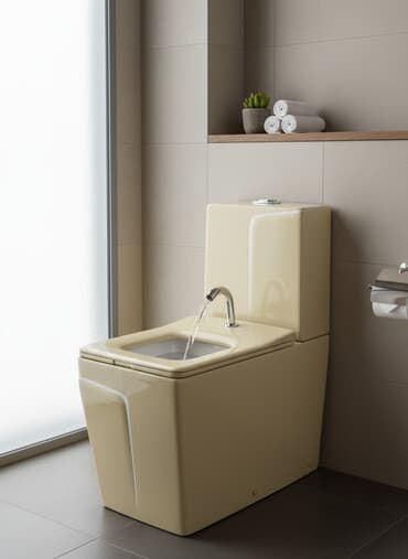 уличный туалет: Унитаз-моноблок бежевого цвета с квадратной чашей и интегрированным — 1