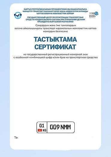 кыргыз номер авто: Госномер Кыргызстана с особой комбинацией: 01 KG 009 NMM Описание: - — 2