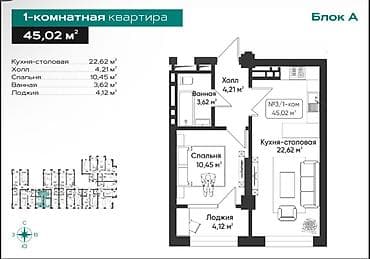 Батирлер: 1 бөлмө, 45 м², Элитка, 9 кабат, Даяр ПСО (өзү оңдоп түзөтүп бүтүү үчүн) — 3