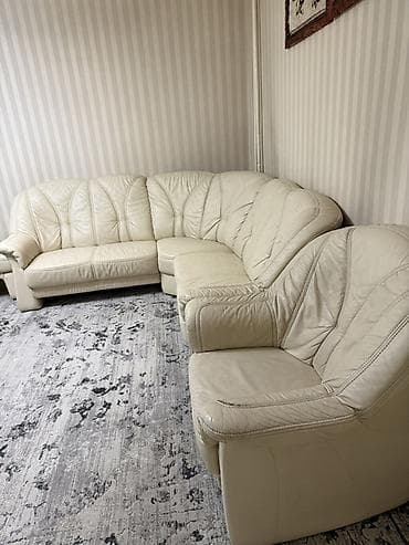 кожаный угловой диван: Комплект мягкой мебели, Б/у, Самовывоз, цвет - Бежевый — 5