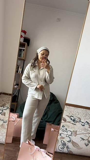 женские пижамы для сна: Пижама, Хлопок, Китай, В полоску, На пуговицах, S, M, L — 6