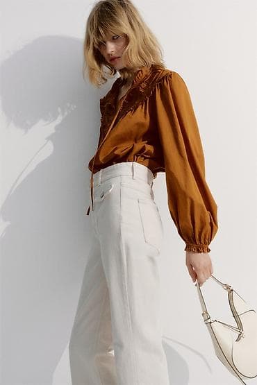 стильные белые блузки: Блузка H&M горчичного цвета с вышивкой, длинным рукавом и — 3