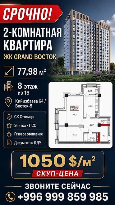квартира восток: 2 комнаты, 77 м², Восток-5 мкр Элитка, 8 этаж, ПСО (под самоотделку) — 1