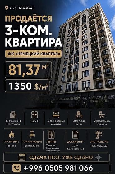 Батирлер: 3 бөлмө, 81 м², Асанбай мкр Элитка, 12 кабат, ПСО (өз алдынча бүтүрүү) — 1