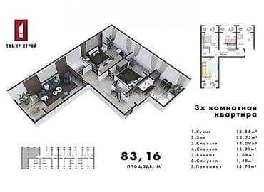 106: 3 комнаты, 83 м², 106 серия улучшенная, 9 этаж, Готовая ПСО (под самоотделку) — 3