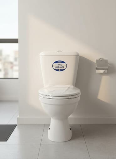 Унитаз белого цвета с верхним бачком и сиденьем, упакованным в