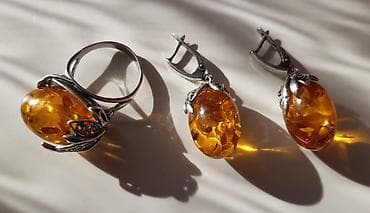 колечко серебро: Дизайнерский комплект украшений из серебра с натуральным янтарём - — 2
