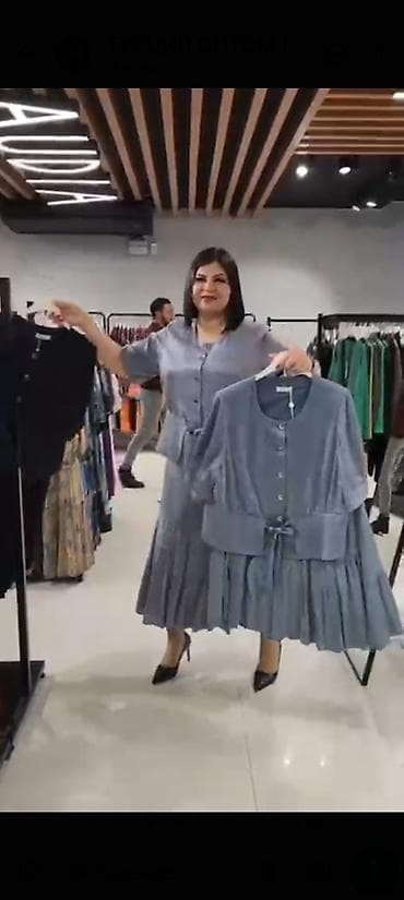 корейский одежда: Женский комплект из жатого шифона/крепа в стиле casual-chic: платье — 1