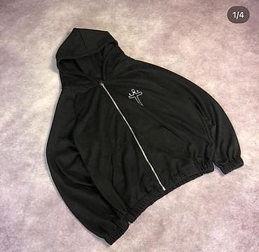 Толстовки, худи: Черная худи на молнии с капюшоном и карманами-кенгуру. - Материал — 1