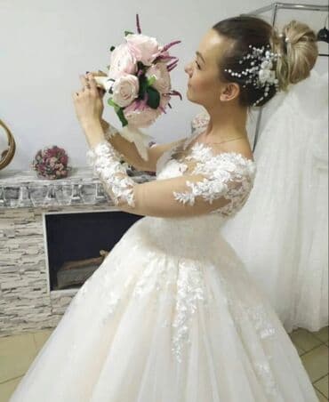 платье на корпоратив: Үлпөт көйнөгү, Барпайган модель, 44, 46 (M), түсү - Айвори, Жеңдери: Узун, Юбканын ичинен кийгичи менен — 3