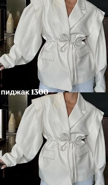 наклейки одежда: Белый женский пиджак с оригинальным кроем и атласным эффектом ткани — 2