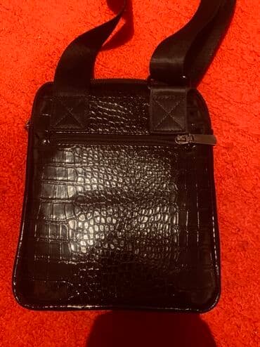 портфель для документов: Сумка через плечо, компактная, черного цвета с тиснением под крокодил — 2