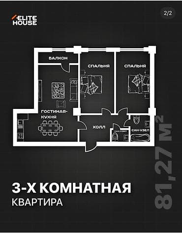 nova grand: 3 комнаты, 81 м², Технопарк Элитка, 13 этаж, ПСО (под самоотделку) — 1