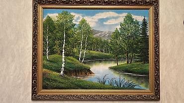 Картина «Лесное озеро» в резной багетной раме. Картина сделана из