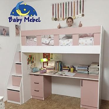 лофт мебели: Кровать-чердак, выполненная в светлых тонах с розовыми вставками — 9