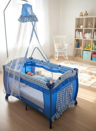детская кроватка с балдахином: Детская приставная кроватка, Б/у, С колесиками, цвет - Синий — 1