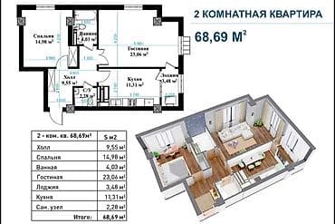 2 room flat: 2 комнаты, 69 м², Элитка, 3 этаж, Готовая ПСО (под самоотделку) — 4