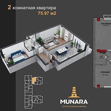 Недвижимость: 2 комнаты, 76 м², Джал мкр (в т.ч. Верхний, Нижний, Средний) Элитка, 2 этаж, ПСО (под самоотделку) — 2