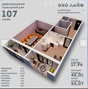 студия бишкек: 1 бөлмө, 54 м², 107-серия, 8 кабат, ПСО (өз алдынча бүтүрүү) — 1