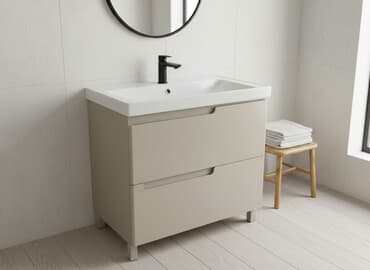 тумбочка для кухни с ящиками: Тумба под раковину с двумя выдвижными ящиками бежевого цвета — 1