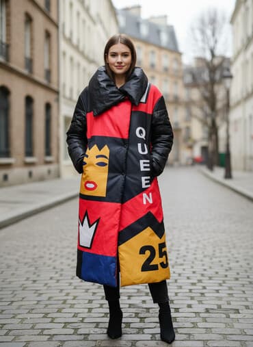 Киреге берилүүчү кийимдер: Женское длинное пуховое пальто с ярким принтом. - Фасон: удлинённый — 1