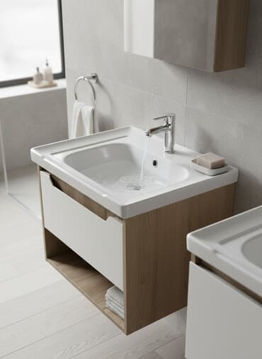 раковины с тумбой: Белая керамическая раковина прямоугольной формы со встроенной тумбой — 1