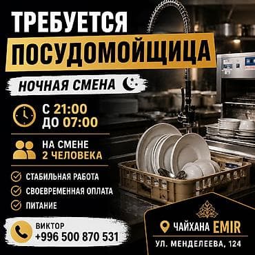работы кафе: Вакансия: посудомойщица (ночная смена) Место работы: чайхана Emir — 1