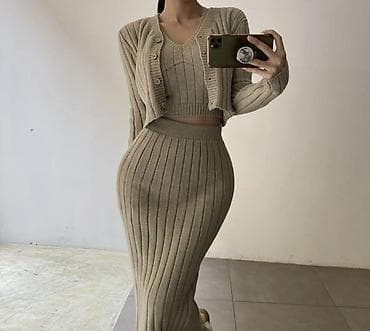 трикотажные тройки: Костюм с юбкой, Модель юбки: Прямая, Миди, Топ, Китай, Все размеры — 1