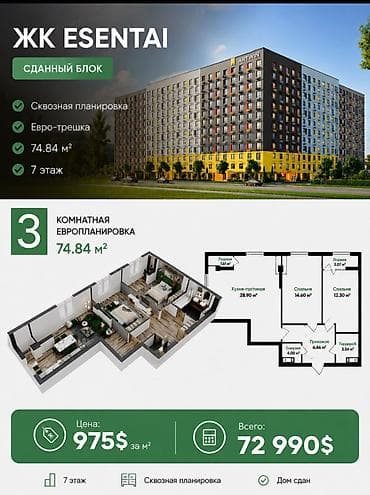 72: 3 комнаты, 74 м², АЮ Гранд Элитка, 7 этаж, ПСО (под самоотделку) — 1